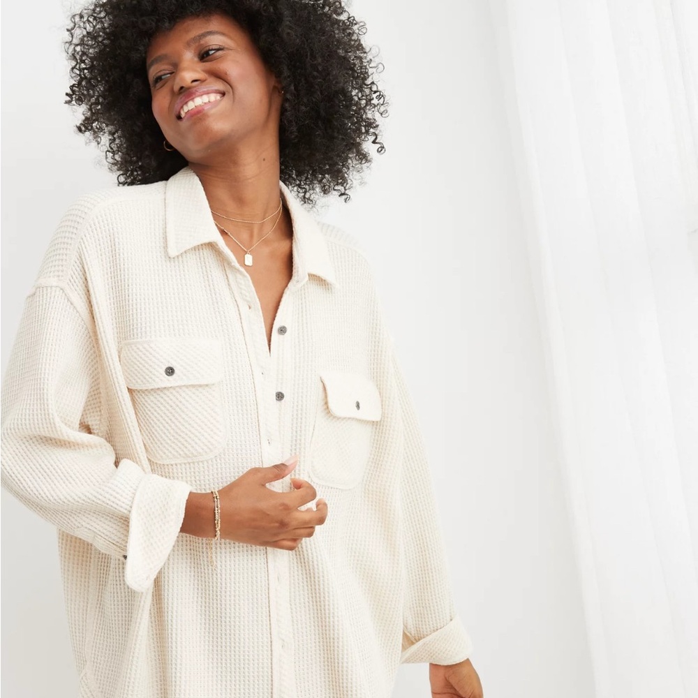 Aerie M Oatmeal Cream Beige Lumberjane Waffle Button Shacket Shirt Jacket Top